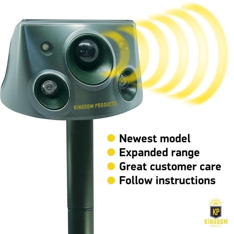 SK031 Latest 2024 Expanded Detection Range Solar Animal Repeller - Animal Repellent Outdoor with Automatic Frequencies, 2 Motion Sensors, 8 Stronger LED Lights, 2 Alarms at 360° and USB Cable